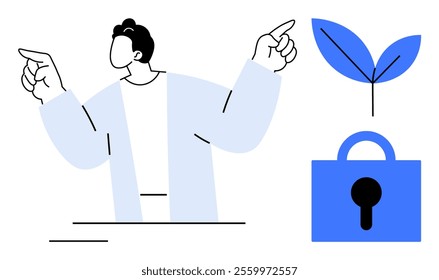 Person with outstretched arms pointing, a blue padlock symbol, and a sprouting leaf. Ideal for security, growth, guidance, education, and environmental themes. Simple and modern vector style