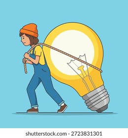 A person in overalls and a beanie pulls a large, glowing light bulb on a rope, symbolizing the difficulty of carrying a big idea or innovation.