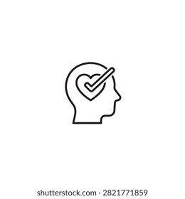 Person overcoming self-doubt with self-love affirmation. Silhouette head accepting inner feelings with a heart checkmark symbol.