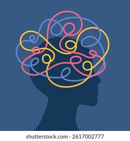 person overwhelmed by anxiety, ADHD, obsessive thoughts, and constant concern; mental health and psychology concept - vector illustration
