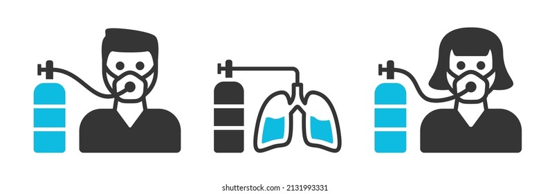 Person With Oxygen Mask Icon Set. Oxygen Cylinder Symbol. Medical Concept