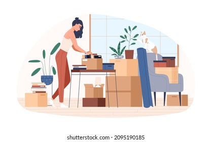 Person pack home stuff and belongings into boxes for moving to new dwelling. Woman and cardboard pile, prepare for leaving house and relocation. Flat vector illustration isolated on white background