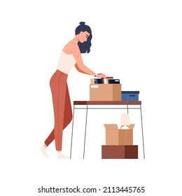 Person packing books and stuff into carton boxes. Woman preparing cardboard packages for relocation and house change. Moving to new apartment concept. Flat vector illustration isolated on white