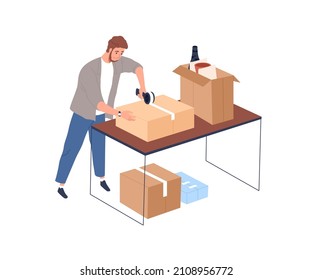 Person packing stuff in carton boxes. Man preparing cardboards for moving. Guy with scotch tape tool and packages during relocation preparations. Flat vector illustration isolated on white background