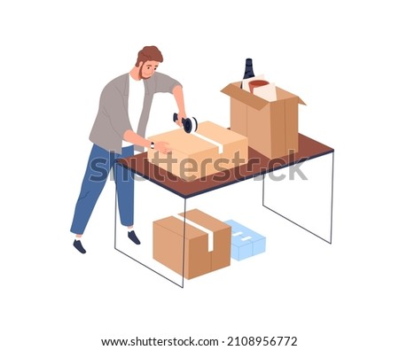 Person packing stuff in carton boxes. Man preparing cardboards for moving. Guy with scotch tape tool and packages during relocation preparations. Flat vector illustration isolated on white background