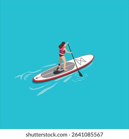 Person paddleboarding on red and white board on blue water, summer activity, wearing life vest, flat illustration