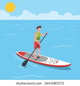 Person paddleboarding on red and white board on blue water, summer activity, wearing life vest, flat illustration