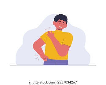 A person in pain, his facial expression shows discomfort, his hand is holding his shoulder indicating the source of his pain, vector illustration of a health problem.
