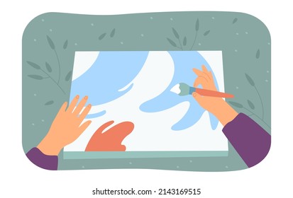 Person painting picture with colors flat vector illustration. Mans hand holding paintbrushes in background of canvas. Art, hobby concept for banner, website design or landing web page