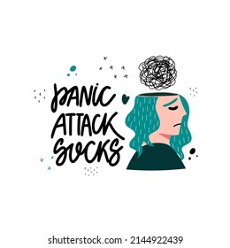 Person with panic attack flat concept vector sticker. Frightened man with mental disorder. Schizophrenia, anxiety, thoughts, fear creative idea. Handwritten lettering -  panic attack sucks