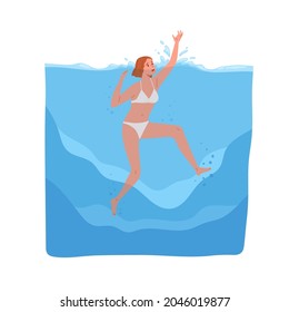 Person In Panic Sinking In Sea. Woman In Danger In Water, Calling For Help With Hands. Female Swimmer Drowning Underwater. Summer Accident. Flat Vector Illustration Isolated On White Background