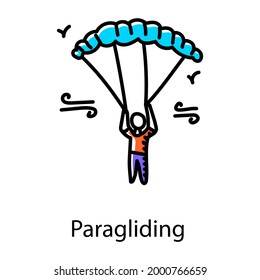 Persona con paracaídas que denota un ícono de parapente dibujado a mano 