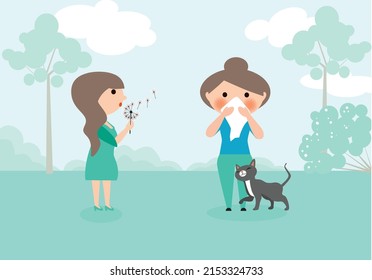 A person in the park who is heaving an allergy surrounded by cat and a girl with dandelion