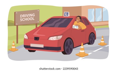 Person passed education exam in driving school, flat cartoon vector illustration. Happy guy just got driving license, passed driving test with traffic cones, success in drive