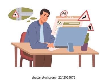 Person passing driver test, sitting at computer screen. Man student learner answering question about road sign, exam in driving school. Flat vector illustration, exam courses at driving school