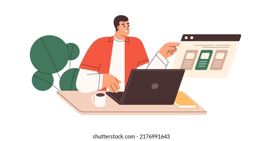 Person passing online test, exam, choosing answer to question. Man student at laptop, making choice in internet. Digital survey, poll. Flat graphic vector illustration isolated on white background