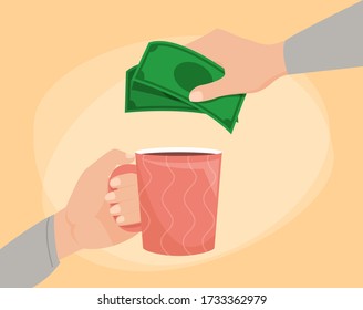 Person is paying for the coffee vector isolated. Hand holding red mug with hot delicious drink. Coffee shop concept. Paper currency in hand.