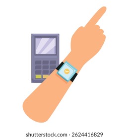 Person paying contactless using a smartwatch with nfc technology on a pos terminal