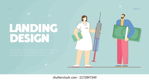 Person paying for dose of vaccine to doctor. Woman holding syringe, man with money flat vector illustration. Vaccination price, pharmacy concept for banner, website design or landing web page