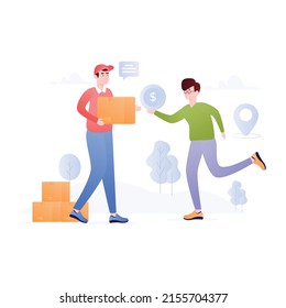 Person paying for parcel, flat illustration of courier service 

