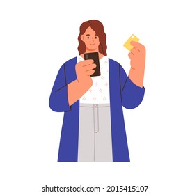 Persona pagando por algo. usando tarjeta bancaria y teléfono móvil. Concepto de pago sin efectivo en línea. Mujer comprando a través de internet con smartphone. Ilustración vectorial plana aislada en fondo blanco