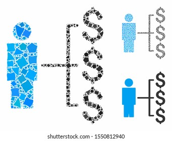 Person payments composition of inequal elements in different sizes and shades, based on person payments icon. Vector trembly elements are organized into collage.