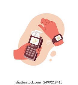 Person pays by contactless payment wireless system on hand smart watch. Vector flat illustration isolated. Business payment transaction approved. POS terminal service online banking technology