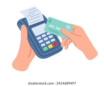 Person pays with a credit or debit card at the terminal. Payment for purchases. Receive a receipt for your purchase. Money transfer concept. Illustration isolated on white background.