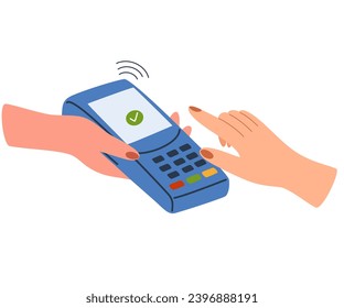 Person pays for a purchase by credit or debit card. Buyer paying on contactless terminal. Digital transaction and wireless transfer concept. Vector illustration with hand and money bills.