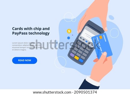A person pays for a purchase by credit or debit card. Contactless payment system or technology. Vector flat illustration for banners, landing page.