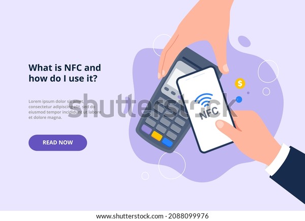 A person pays for\
a purchase by smartphone. Contactless payment, near-field\
communication protocol, and e-payment. Vector flat illustration for\
banners, landing page.
