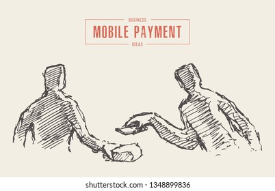 Person pays for purchases using a cell phone. Concept of mobile payment, contactless payment. Hand drawn vector illustration, sketch