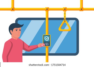 Person pays for travel in transport. Cashless ticketing. Public transport. Online payment system in public transport bus, metro, tram, trolley. Plastic card in hand. Vector illustration flat design.