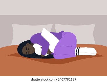 A person peacefully sleeps curled up in bed, hugging a pillow, dressed in comfortable purple pajamas with white socks, surrounded by soft pillows and warm blankets