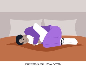 A person peacefully sleeps curled up in bed, hugging a pillow, dressed in comfortable purple pajamas with white socks, surrounded by soft pillows and warm blankets