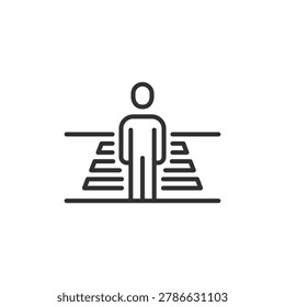 Person at pedestrian crossing, linear icon. Road safety and crosswalk awareness. Line with editable stroke