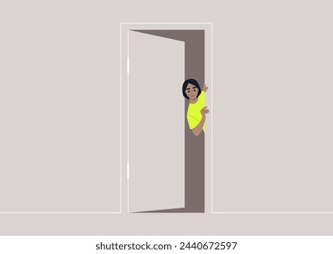 A person Peeking Through an Open Doorway, A young character peeks around a door, curiosity in their gaze