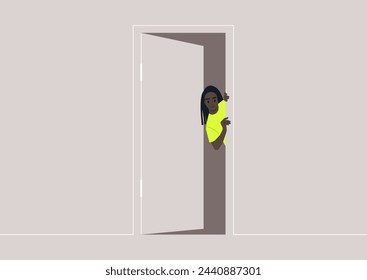 A person Peeking Through an Open Doorway, A young character peeks around a door, curiosity in their gaze