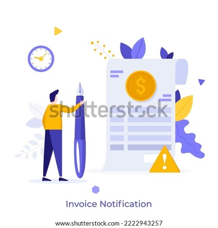 Person with pen looking at invoice with dollar coins sign. Concept of commercial payable document, financial transaction, payment for goods or services. Modern flat vector illustration for banner.