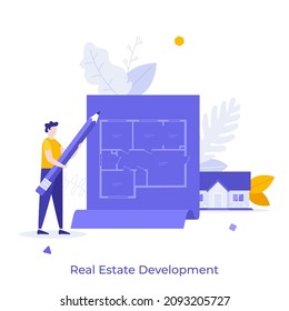 Person With Pencil Looking At Blueprint Or Scheme Of Apartment. Concept Of Real Estate Development, Housing, Building Engineering And Construction. Modern Flat Vector Illustration For Banner, Poster.