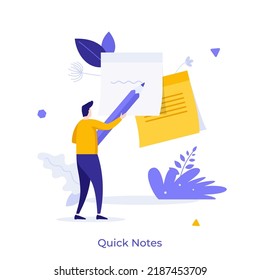 Person with pencil writing on sticky paper. Concept of quick note, task management and planning, reminder for effective work and productivity. Modern flat vector illustration for banner, poster.