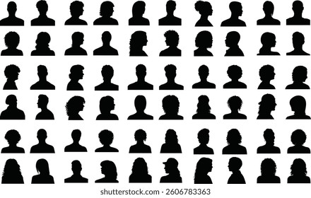 person, people, avatar, female, face, icon, woman, hair, hairstyle, head, human, silhouette, male, profile, portrait, symbol, girl, isolated, adult, vector, anonymous, illustration, graphic, element, 