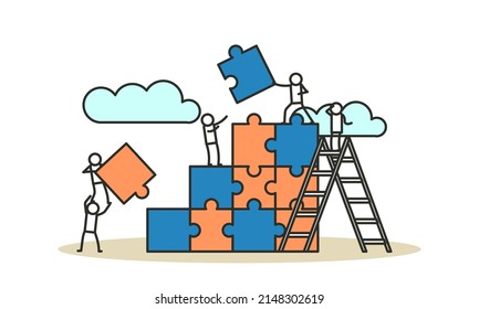 Person people man and woman connect jigsaw business puzzle flat background concept vector illustration. Cooperation businessman teamwork team. Solution partnership group problem together. Answer part