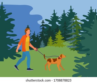 Person people walk dog on wild outdoor natural park flat vector illustration. Male character rest eco clean garden, forest place. Cozy place woodland relax, hound sparse growth stroll.