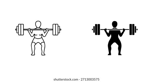 Persona que realiza ejercicio de sentadilla con barra, conjunto de iconos de entrenamiento de fitness y fuerza