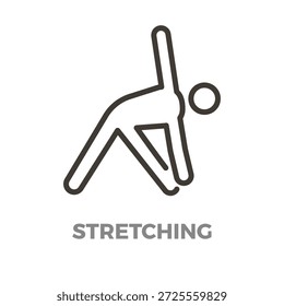 Pessoa que efetua uma curva para a frente com um alcance lateral. Ícone de contorno minimalista simbolizando o alongamento. Flexibilidade. Aptidão. Ilustração de ícone de linha fina de vetor com traçado editável