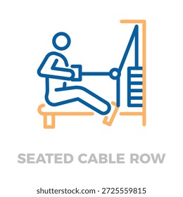 Persona que realiza un ejercicio de fila de cable sentado en una máquina de gimnasio, fortaleciendo los músculos de la espalda durante un entrenamiento. Ilustración de icono de línea delgada de Vector con trazo editable