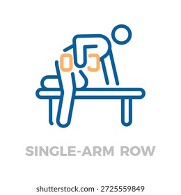 Persona que realiza ejercicio de fila con mancuernas de un solo brazo, centrándose en el entrenamiento de fuerza muscular de la espalda y el brazo. Icono de entrenamiento de fitness. Ilustración de icono de línea delgada de Vector con trazo editable