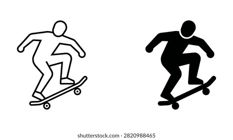 of a person performing a skateboard trick, presented as a black outline and a solid black silhouette, isolated on a white background.