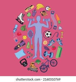 A person performing sports activities or exercise and wholesome food. Concept of healthy habits, active lifestyle, fitness training, dietary nutrition, outdoor workout. Modern flat vector illustration